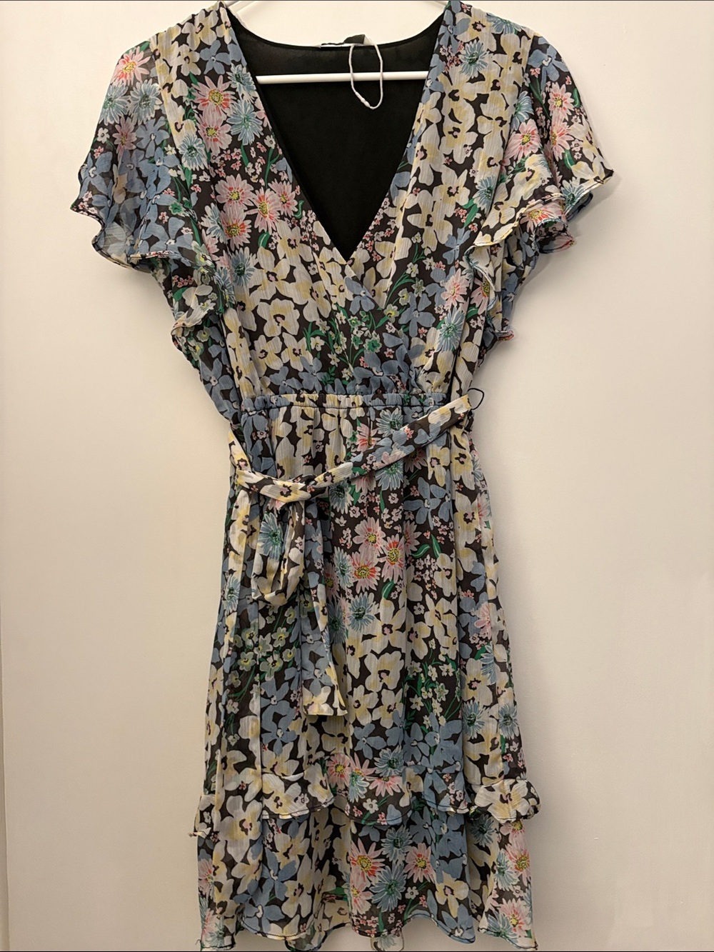 Only Black Floral Wrap Mini Dress with Blue, Yellow & Pink Flowers